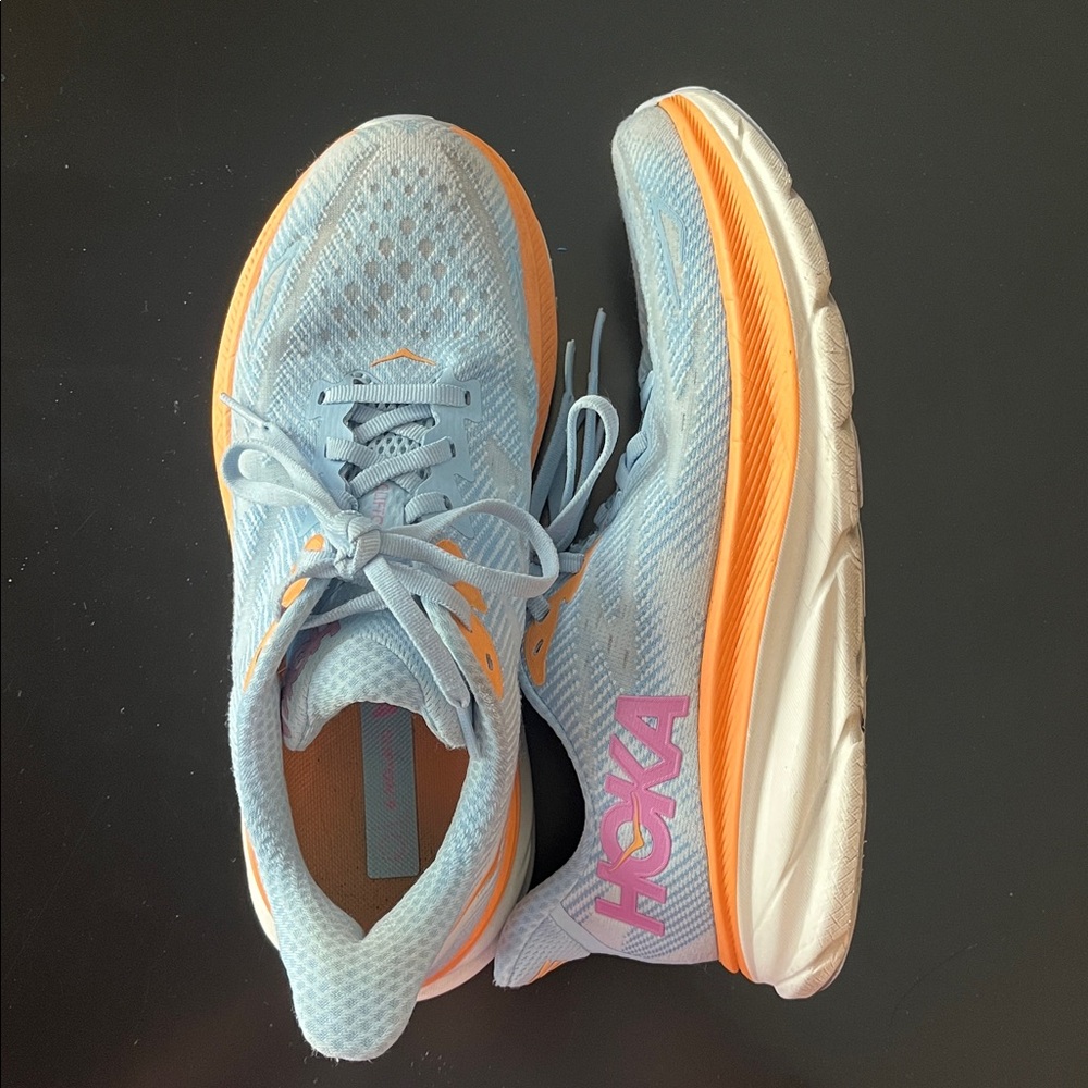 Hoka Women’s Clifton 9 Running Shoes - Light Blue, Orange & Pink Accents - Picture 2 of 12